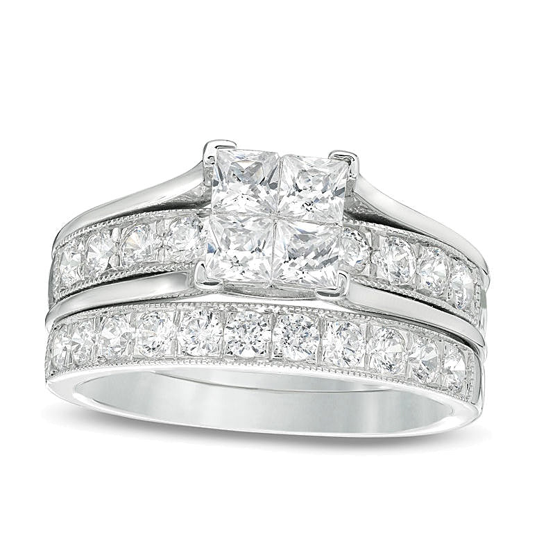 1.75 CT. TW Quad Princess-Cut Diamond Vintage-Style Bridal Set in 14K White Gold