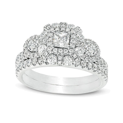 1.5 CT. TW Princess-Cut Diamond Past Present FutureÂ® Double Frame Bridal Set in 10K White Gold
