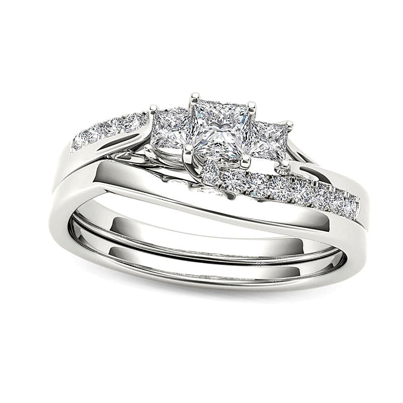 0.5 CT. TW Princess-Cut Diamond Three Stone Bypass Bridal Set in 14K White Gold