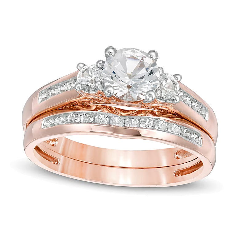 5.4mm Lab-Created White Sapphire Three Stone Bridal Set in 10K Rose Gold