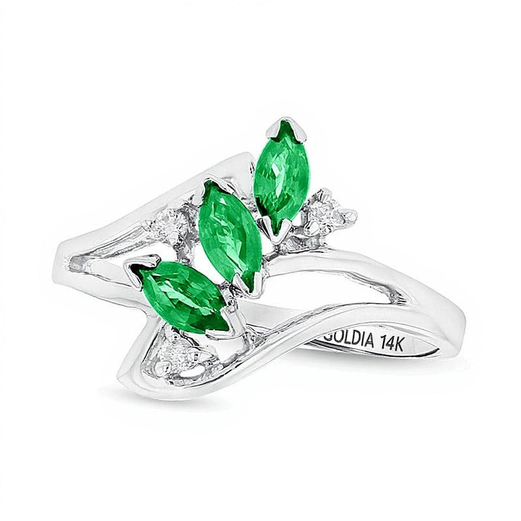 Marquise Emerald and Diamond Accent Three Stone Bypass Ring in 14K White Gold