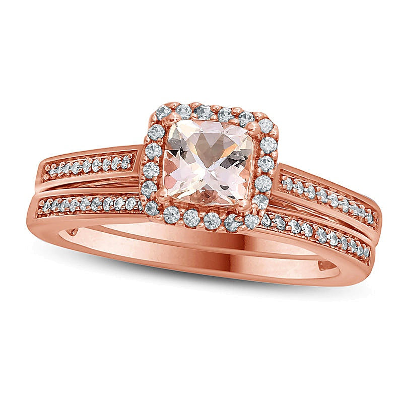 5.0mm Cushion-Cut Morganite and 0.2 CT. TW Diamond Frame Bridal Set in 10K Rose Gold