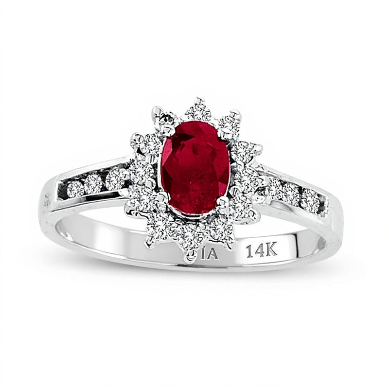Oval Ruby and 0.25 CT. TW Diamond Sunburst Frame Ring in 14K White Gold