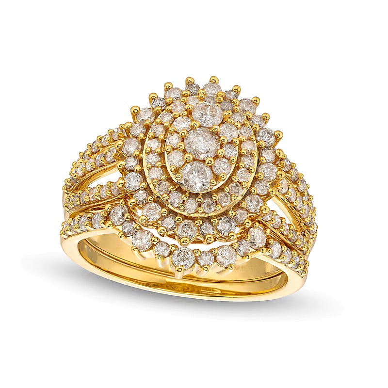 1.25 CT. TW Oval Multi-Diamond Sunburst Frame Split Shank Bridal Set in 10K Gold