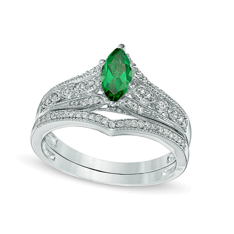 Marquise Lab-Created Emerald and 0.2 CT. TW Diamond Vintage-Style Bridal Set in 10K White Gold