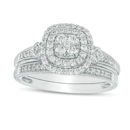0.5 CT. TW Composite Diamond Double Cushion Frame Vintage-Style Bridal Set in 10K White Gold