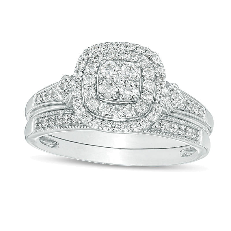 0.5 CT. TW Composite Diamond Double Cushion Frame Vintage-Style Bridal Set in 10K White Gold