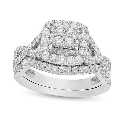 1.0 CT. TW Composite Diamond Cushion Frame Twist Shank Bridal Set in 10K White Gold