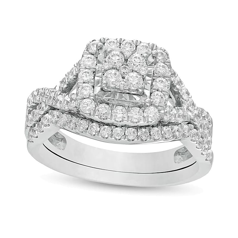 1.0 CT. TW Composite Diamond Cushion Frame Twist Shank Bridal Set in 10K White Gold