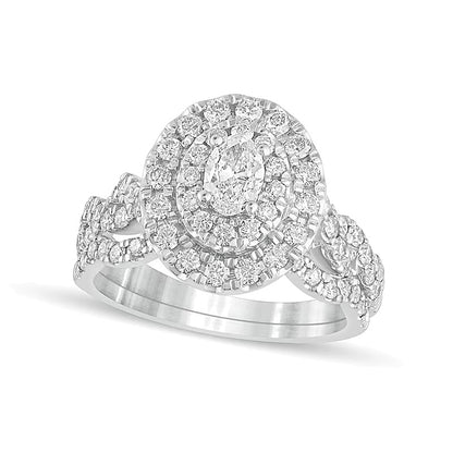 1.5 CT. TW Oval Diamond Double Frame Multi-Row Bridal Set in 10K White Gold