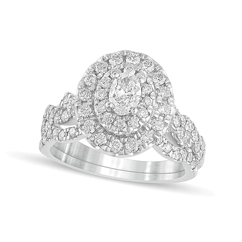 1.5 CT. TW Oval Diamond Double Frame Multi-Row Bridal Set in 10K White Gold