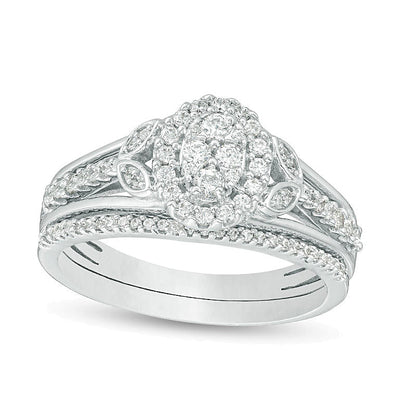 0.5 CT. TW Oval Composite Diamond Leaf-Sides Bridal Set in Sterling Silver