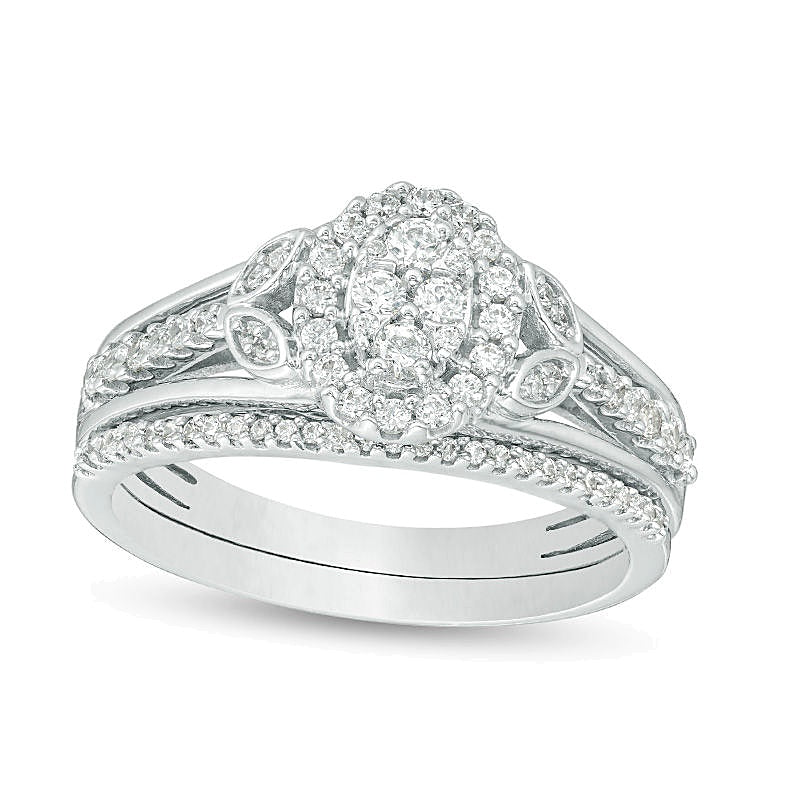 0.5 CT. TW Oval Composite Diamond Leaf-Sides Bridal Set in Sterling Silver