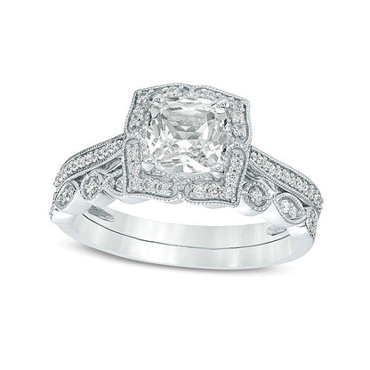 Cushion-Cut Lab-Created White Sapphire and 0.25 CT. TW Diamond Petal Frame Vintage-Style Bridal Set in Sterling Silver