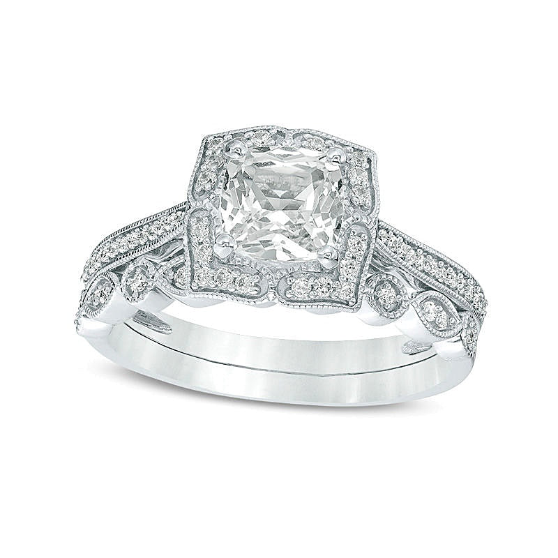 Cushion-Cut Lab-Created White Sapphire and 0.25 CT. TW Diamond Petal Frame Vintage-Style Bridal Set in Sterling Silver