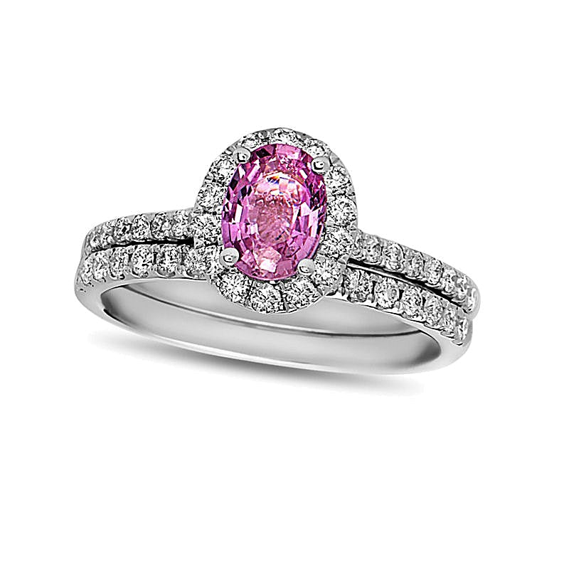 Oval Pink Sapphire and 0.63 CT. TW Diamond Frame Bridal Set in 14K White Gold