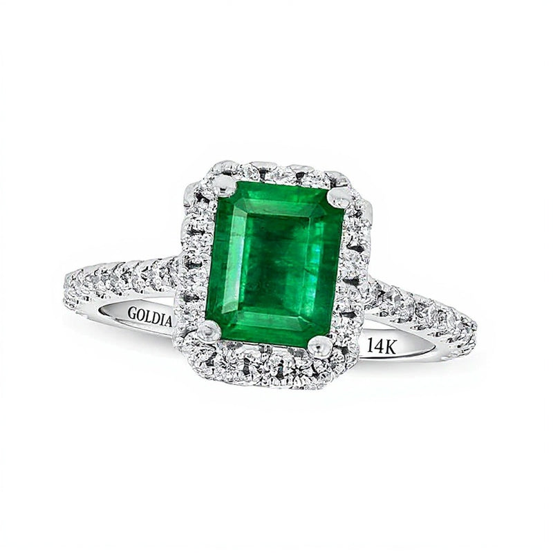 Emerald-Cut Emerald and 0.5 CT. TW Diamond Frame Engagement Ring in 14K White Gold