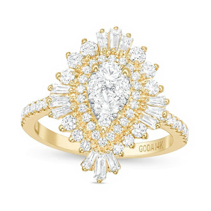 1.5 CT. TW Composite Diamond Teardrop Starburst Frame Ring in 14K Gold