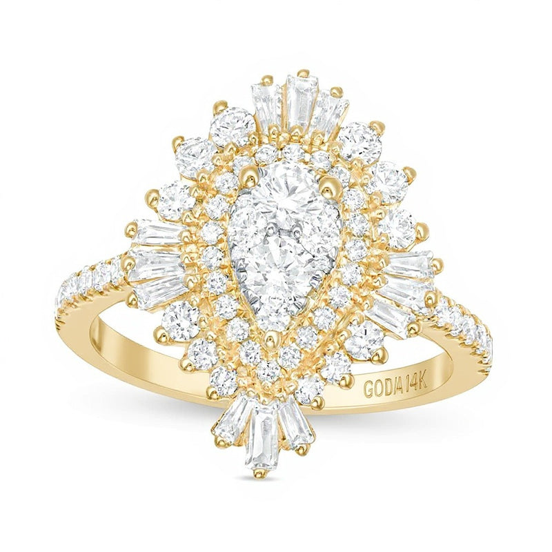 1.5 CT. TW Composite Diamond Teardrop Starburst Frame Ring in 14K Gold