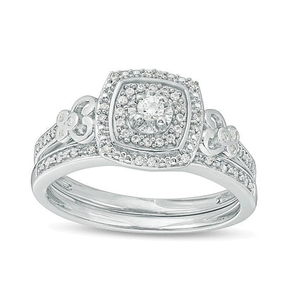 0.25 CT. TW Diamond Double Cushion Frame Filigree Bridal Set in Sterling Silver
