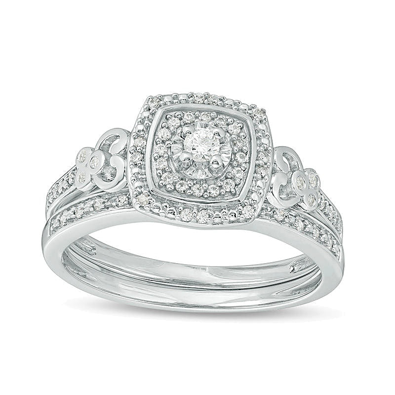 0.25 CT. TW Diamond Double Cushion Frame Filigree Bridal Set in Sterling Silver