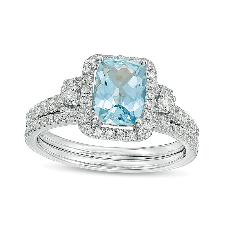 Cushion-Cut Aquamarine and 0.5 CT. TW Diamond Frame Bridal Set in 14K White Gold