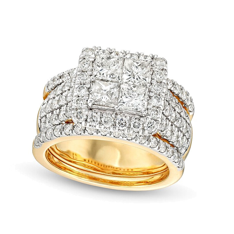 3.0 CT. TW Quad Princess-Cut Diamond Frame Multi-Row Three Piece Bridal Set in 14K Gold