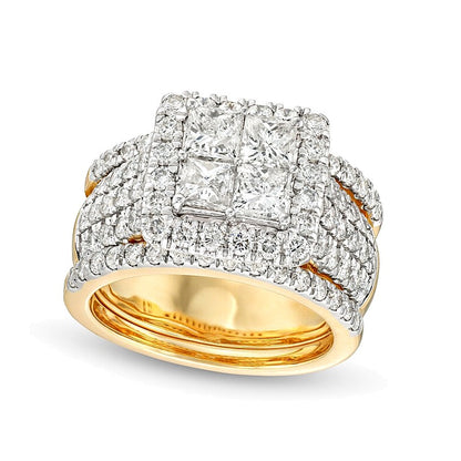 3.0 CT. TW Quad Princess-Cut Diamond Frame Multi-Row Three Piece Bridal Set in 14K Gold