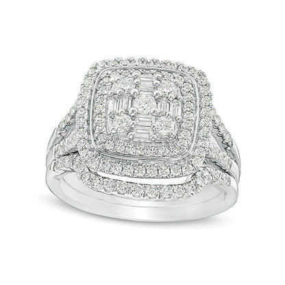 1.0 CT. TW Multi-Diamond Double Cushion Frame Bridal Set in 10K White Gold