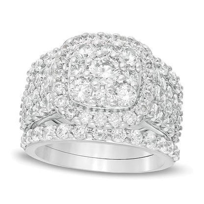 3.75 CT. TW Diamond Double Cushion Frame Multi-Row Three Piece Bridal Set in 10K White Gold