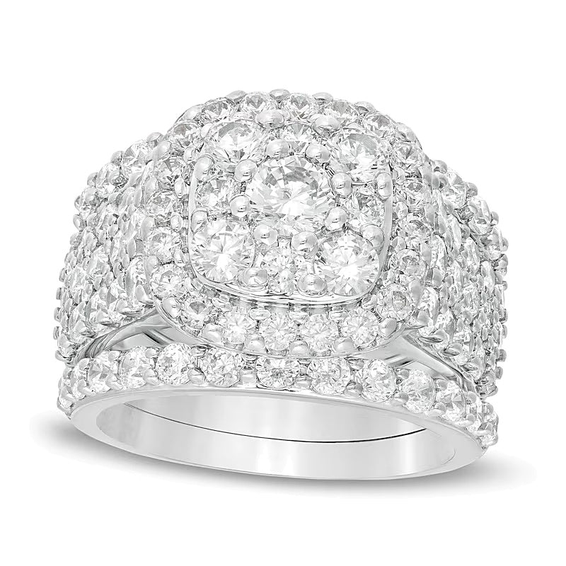 3.75 CT. TW Diamond Double Cushion Frame Multi-Row Three Piece Bridal Set in 10K White Gold