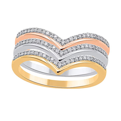 0.33 CT. TW Diamond and Polished Border Chevron Three Piece Stackable Ring Set in Sterling Silver and Two-Tone Rhodium