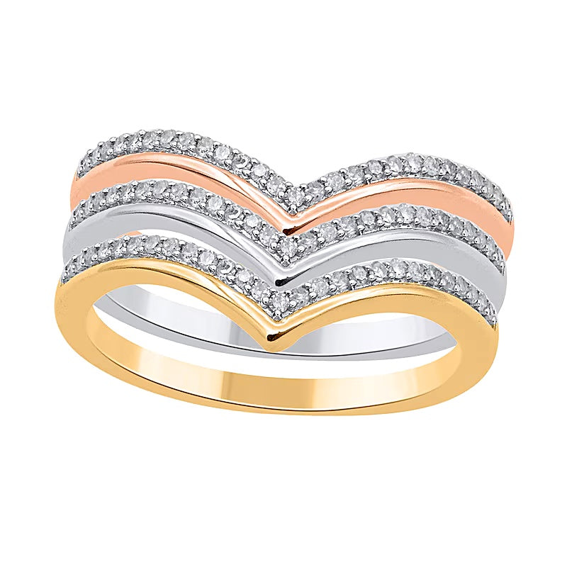 0.33 CT. TW Diamond and Polished Border Chevron Three Piece Stackable Ring Set in Sterling Silver and Two-Tone Rhodium