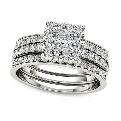 0.88 CT. TW Princess-Cut Diamond Frame Three Piece Bridal Set in 14K White Gold