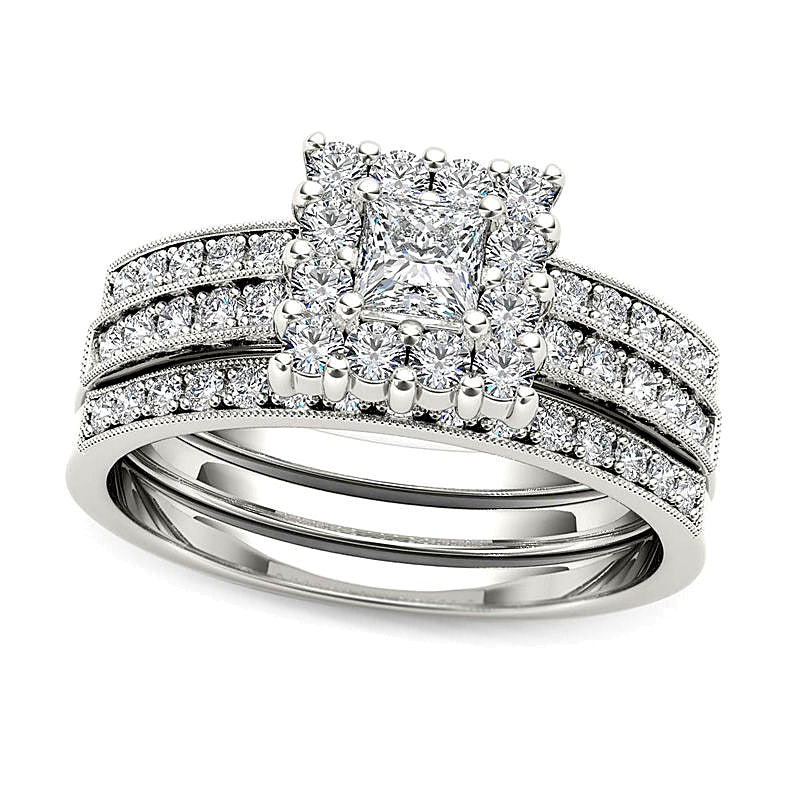 0.88 CT. TW Princess-Cut Diamond Frame Three Piece Bridal Set in 14K White Gold