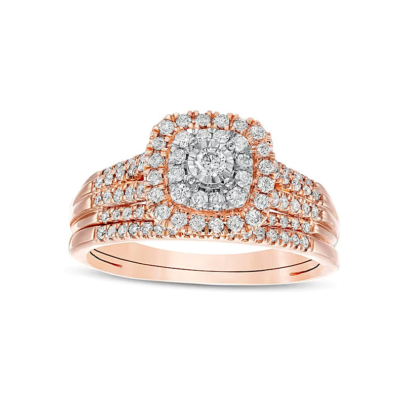 0.5 CT. TW Diamond Double Cushion-Shaped Multi-Row Bridal Set in 10K Rose Gold