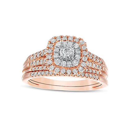 0.5 CT. TW Diamond Double Cushion-Shaped Multi-Row Bridal Set in 10K Rose Gold