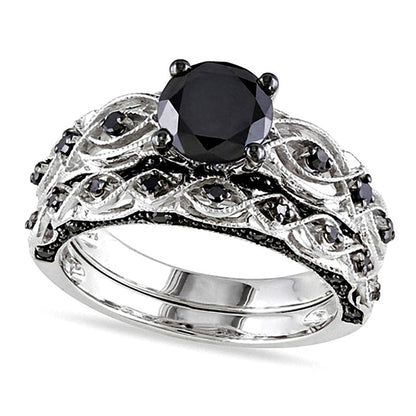 1.38 CT. TW Black Diamond Vintage-Style Bridal Set in 10K White Gold