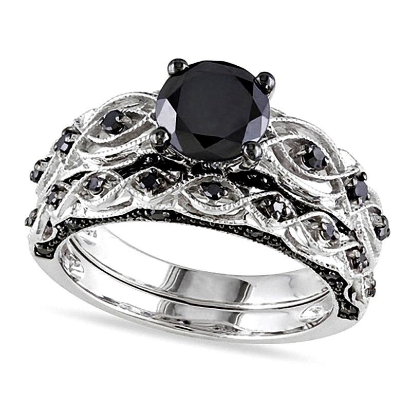 1.38 CT. TW Black Diamond Vintage-Style Bridal Set in 10K White Gold