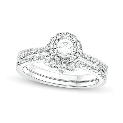 0.5 CT. TW Diamond Frame Vintage-Style Flower Bridal Set in 10K White Gold (I/I2)