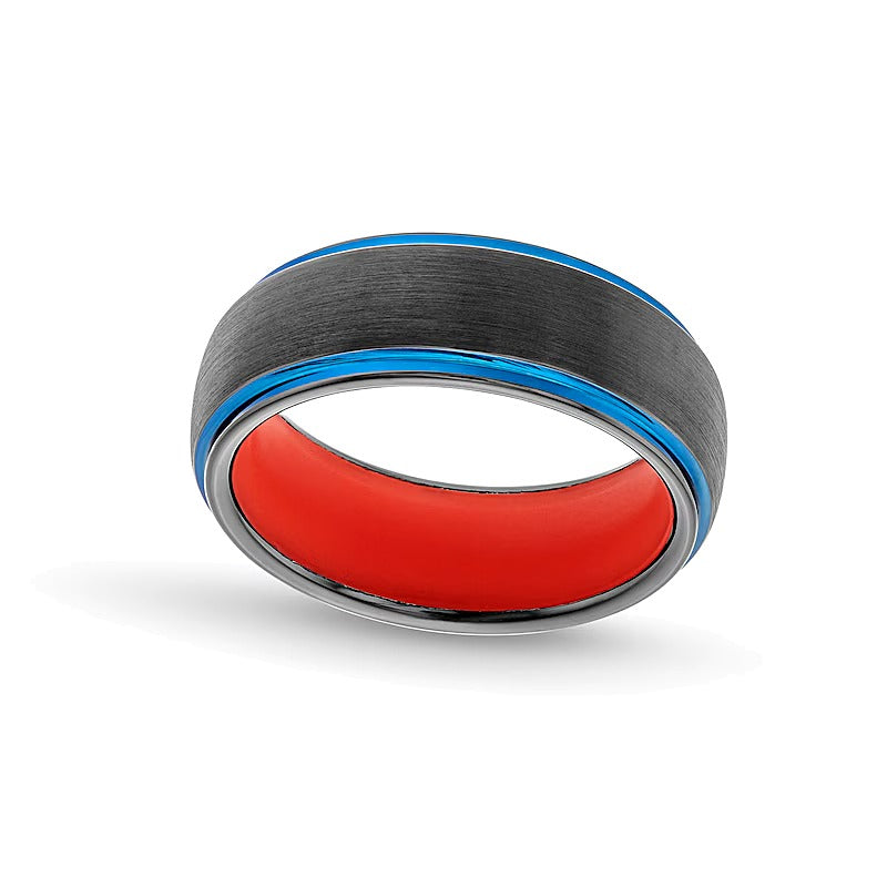 8.0mm Multi-Finish Stepped Edge Wedding Band in Two-Tone Tungsten and Orange Silicone - Size 10