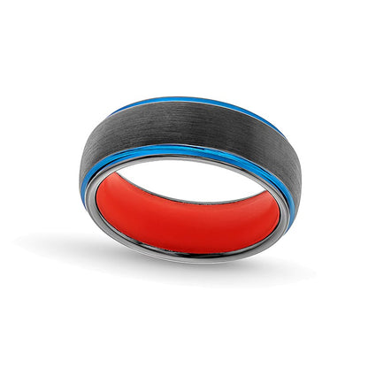 8.0mm Multi-Finish Stepped Edge Wedding Band in Two-Tone Tungsten and Orange Silicone - Size 10
