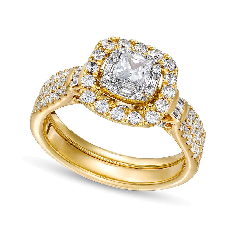 1.0 CT. TW Princess-Cut Diamond Cushion Frame Double Row Bridal Set in 10K Gold