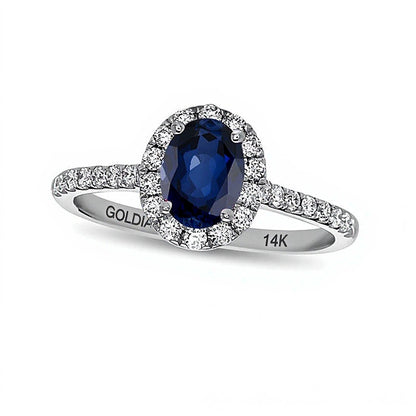 Oval Blue Sapphire and 0.38 CT. TW Diamond Frame Engagement Ring in 14K White Gold
