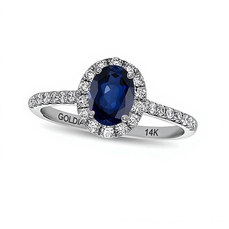 Oval Blue Sapphire and 0.38 CT. TW Diamond Frame Engagement Ring in 14K White Gold