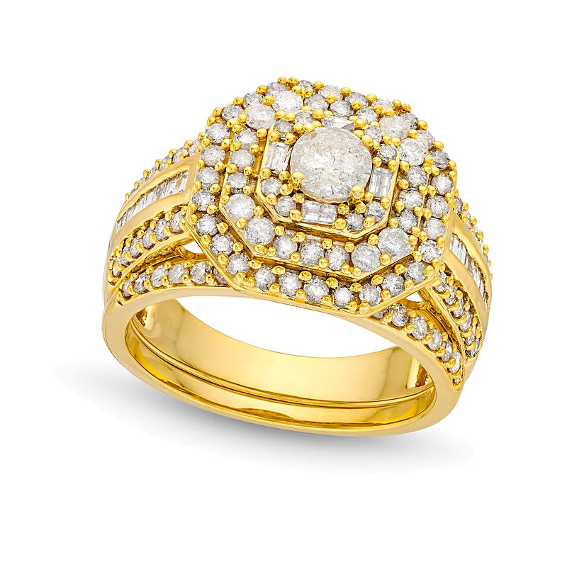 1.5 CT. TW Diamond Cushion Triple Row Octagon Frame Bridal Set in 10K Gold