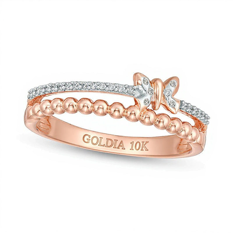 0.1 CT. TW Diamond and Beaded Butterfly Stacked Ring in 10K Rose Gold
