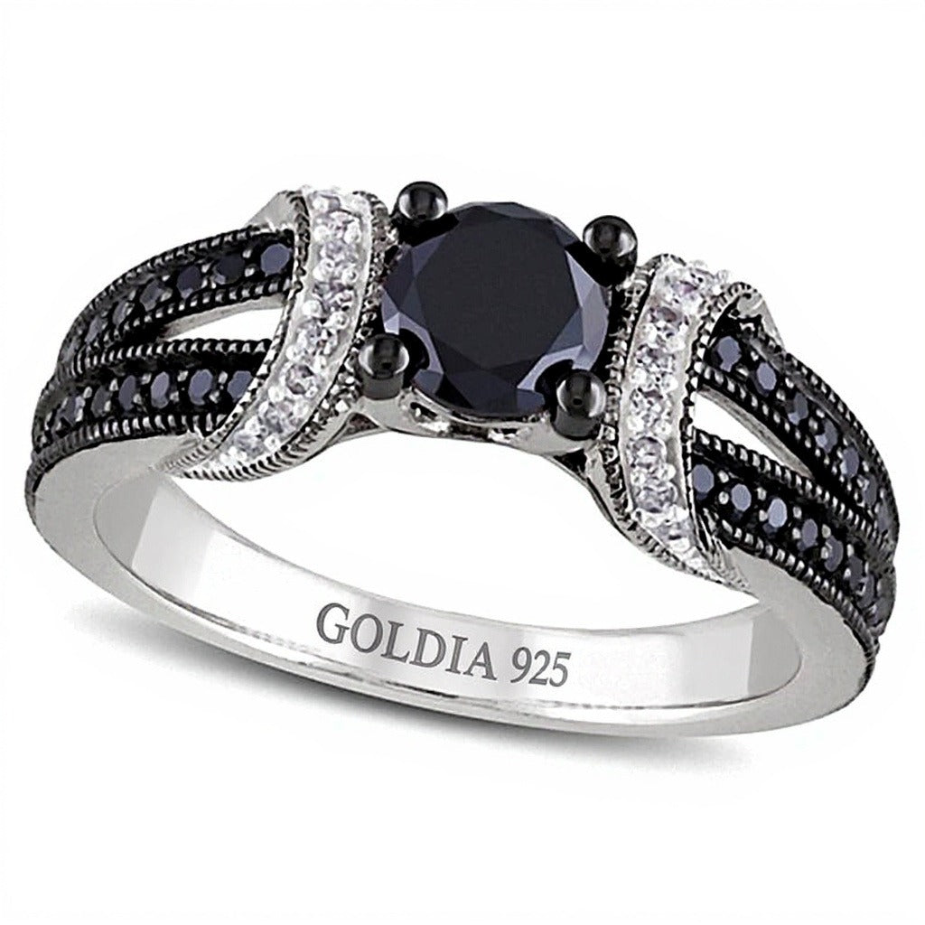 1.0 CT. TW Enhanced Black and White Diamond Station Engagement Ring in Sterling Silver