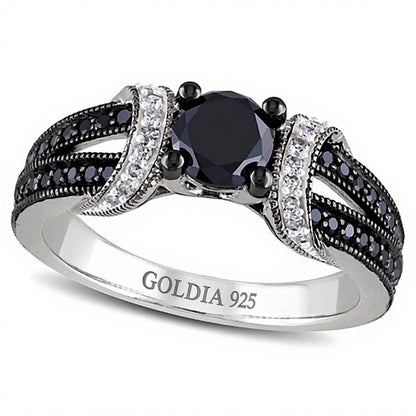 1.0 CT. TW Enhanced Black and White Diamond Station Engagement Ring in Sterling Silver