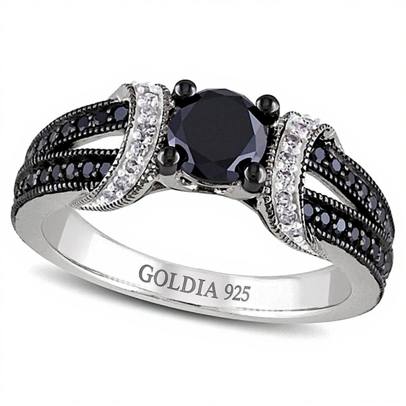 1.0 CT. TW Enhanced Black and White Diamond Station Engagement Ring in Sterling Silver